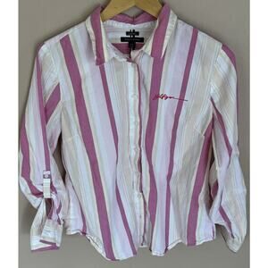 Tommy Hilfiger Womens Pink Button Down Long Sleeve Roll Tab Shirt Size Large